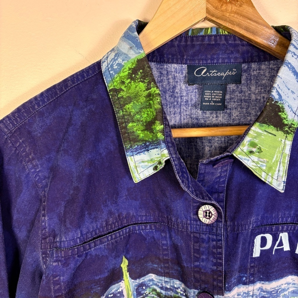 Vintage Paris Painting Purple Cotton Jean Jacket Artsy Artscapes Novelty Travel - Picture 4 of 9